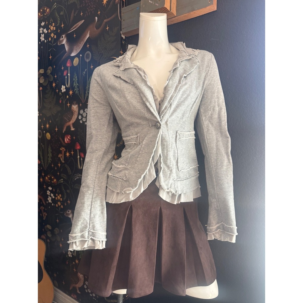 Sashimi Gray Knit Ruffle Trim Blazer Jacket Raw Edge Sweatshirt Style Large